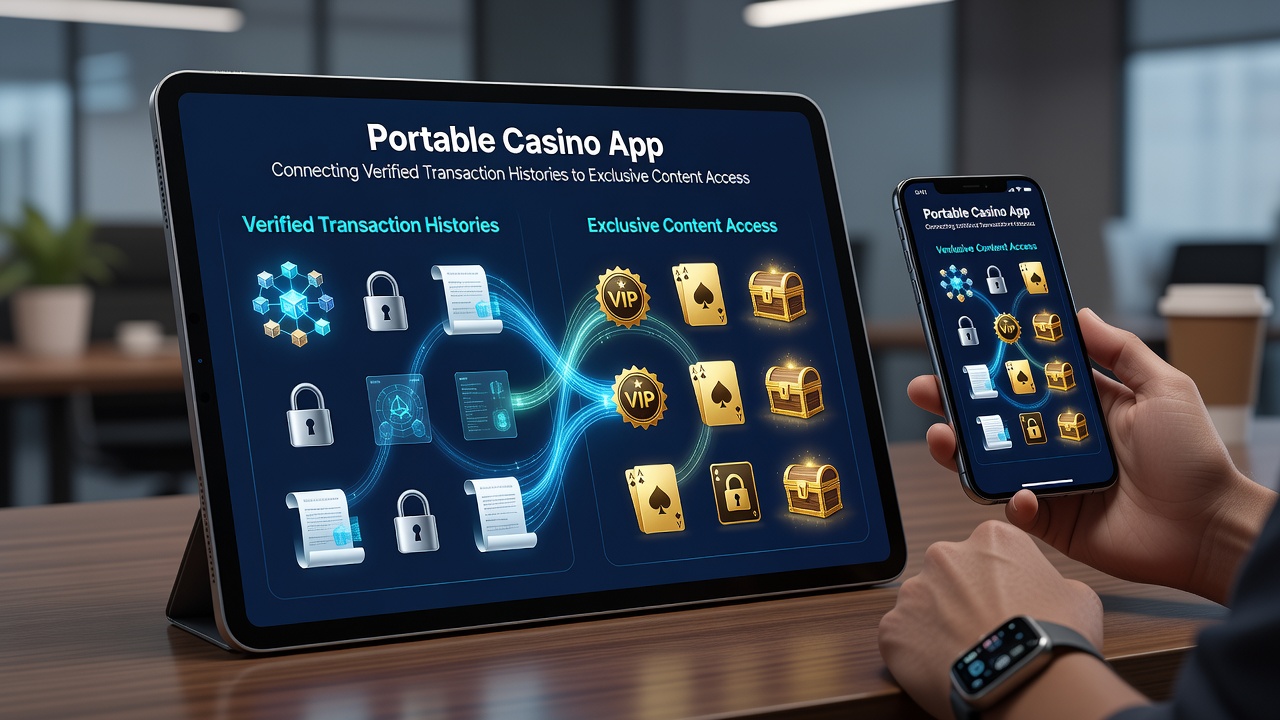Illustration of secure API connections between transaction records and locked premium features in a portable casino app