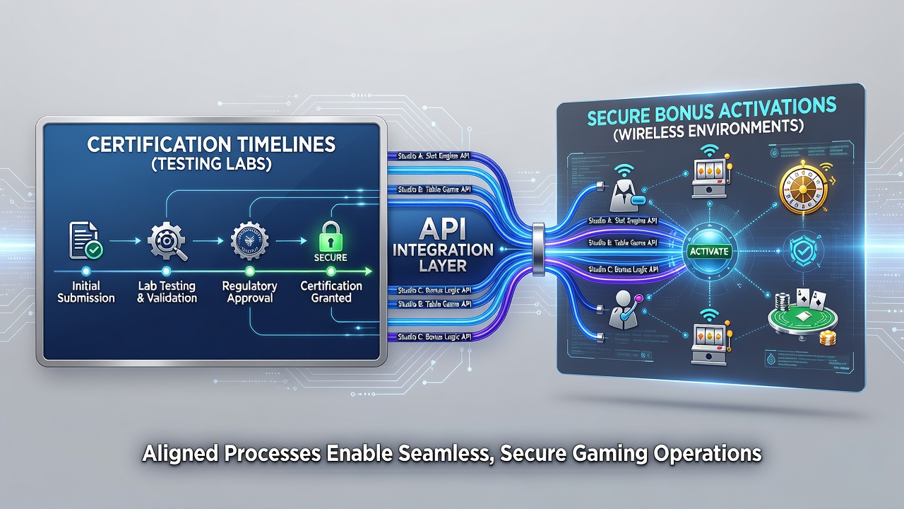 Testing lab certification workflow diagram showing API integration points for mobile casino bonus systems