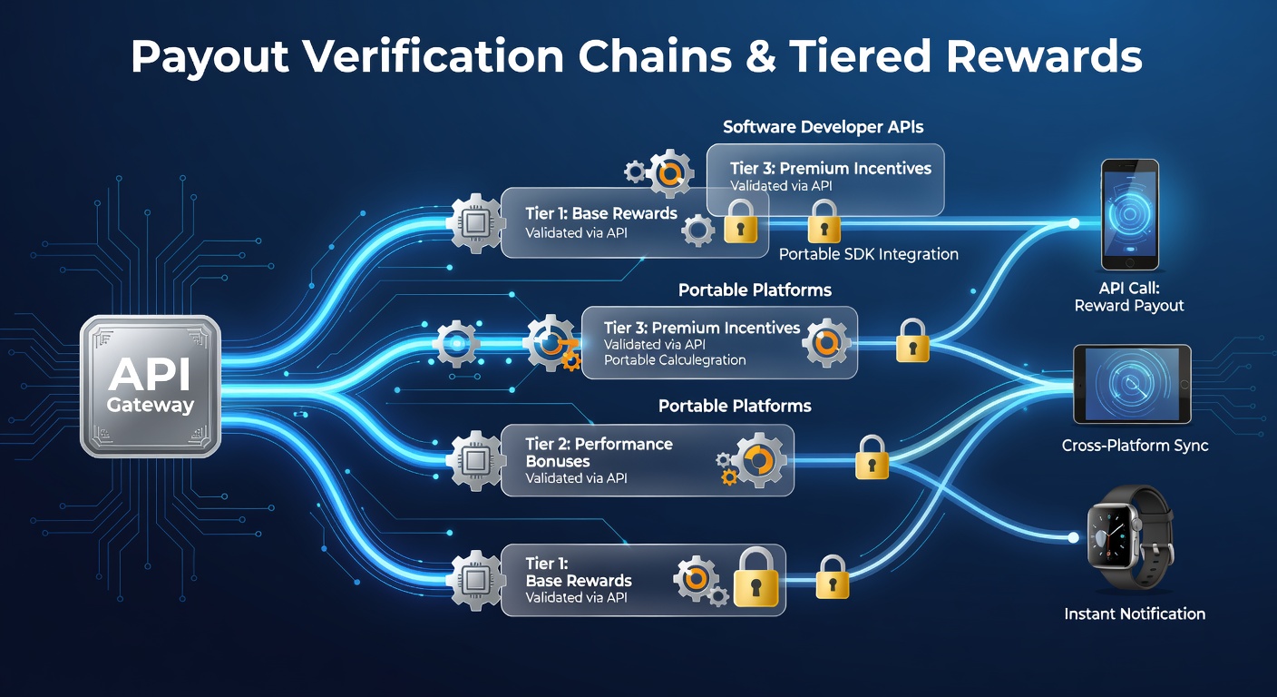 Diagram showing payout verification flow between mobile APIs and reward tiers in gaming platforms
