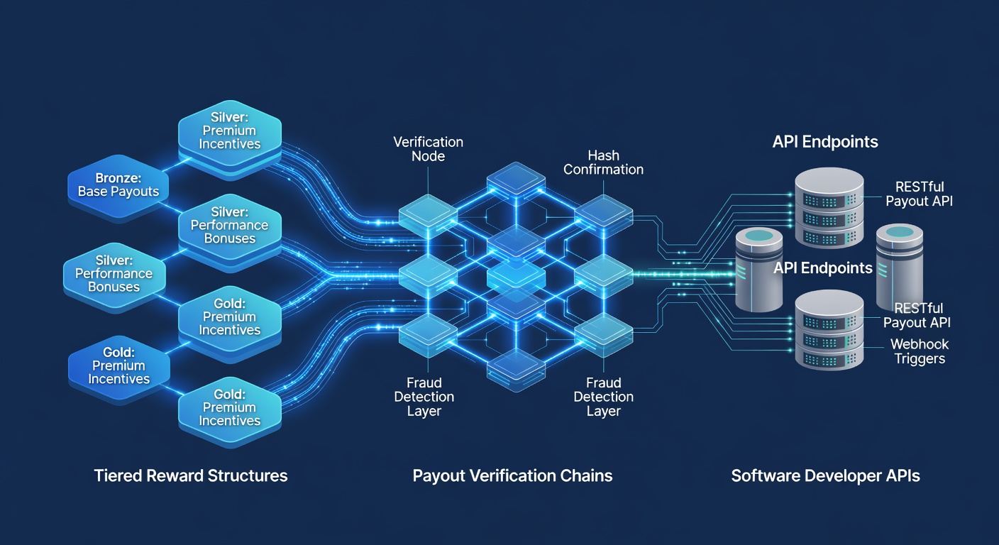 Flowchart illustrating API connections between verification modules and mobile reward tiers