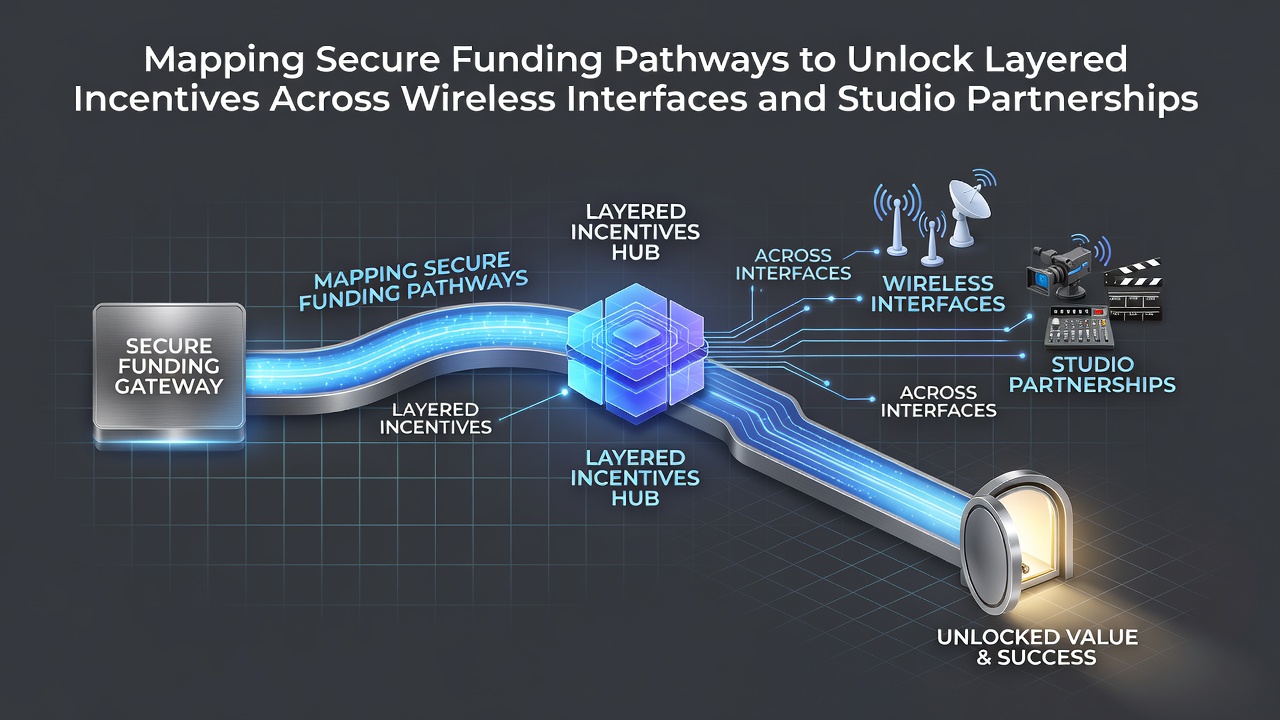 Secure funding pathways diagram showing wireless interfaces connected to studio partnerships and layered incentive structures