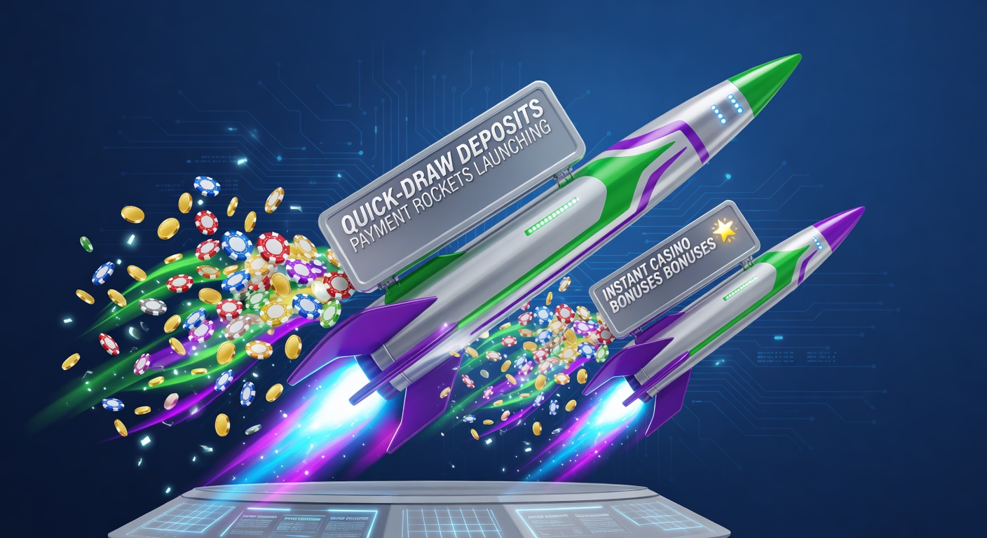 Illustration of a rocket-shaped payment icon blasting off with casino bonus coins exploding in its trail, symbolizing instant deposit speed