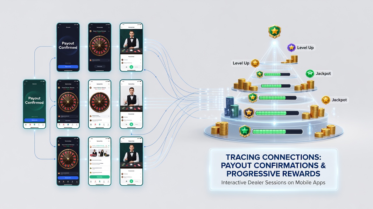 Mobile app interface showing live dealer session with payout confirmation overlay and reward tier progress bar