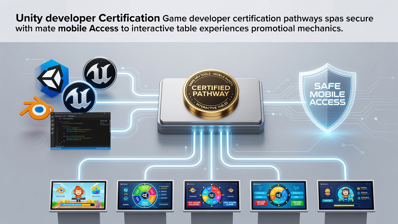 Certification pathways diagram showing connections between game developer tools, mobile security protocols, and interactive table game platforms